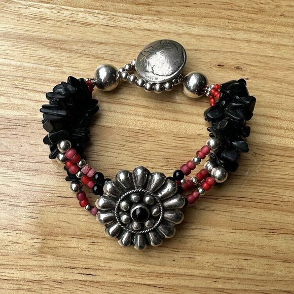VTG Flower Sterling Silver Bracelet Buffalo Nickel Clasp Black Onyx Red Beads - Picture 1 of 15